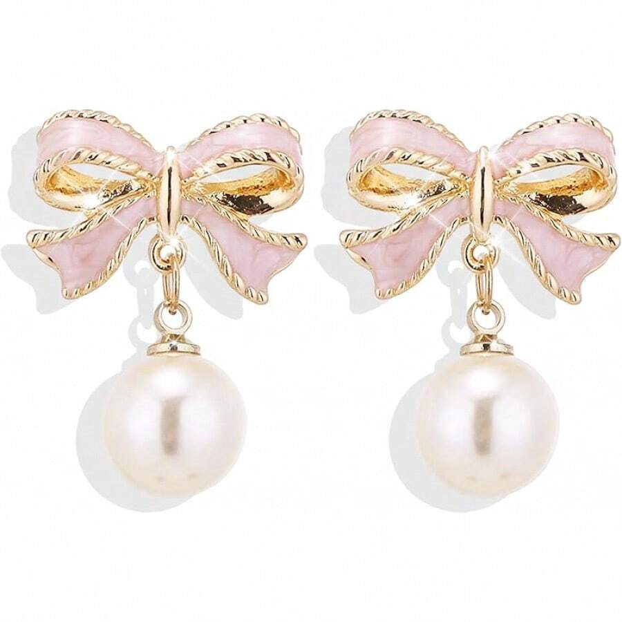 Bow Earrings For Women  Sparkly Rhinestone Chain Tassel Earrings Cute Ribbon Stud Earring Daily Party Jewerly Gifts Christmas Stocking Stuffers - C2: Pink Bow Pearl Earrings Gol - View 1