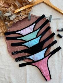 Kit Of 5 Ribbed Thong Panties With Bicolor Straps, Dental Floss, Premium Comfort Lingerie, Basic Women's Fashion - 彩色 - 查看 2