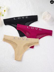 3 pièces Culottes sans couture de couleur unie avec lettres ajourées, sous-vêtements sexy et confortables pour un port quotidien pour femmes