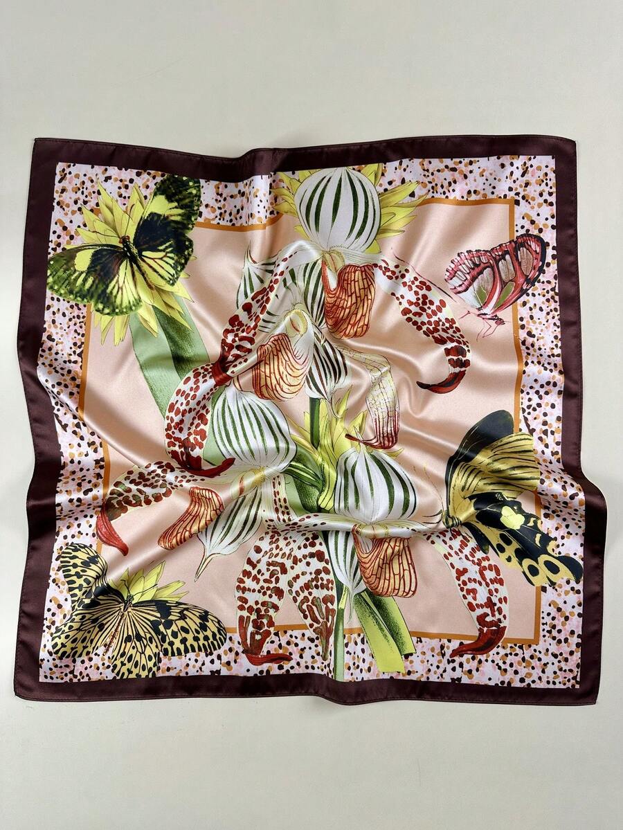 1件装女士波西米亚风花卉蝴蝶印花优雅缎面围巾，可作领巾、头巾、连衣裙配饰 - 彩色 - 查看 1