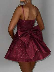 Unadoll Women's Camisole Pleated Bow Design With Sparkling Fabric Zipper Short Dress, Suitable For Dress For Wedding,Christmas , Party, Cocktail Party Dresses