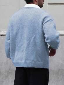 ANDREILEE 男女款休闲宽松轻薄套头毛衣，字母嵌花图案，适合春、秋、冬三季穿着。 - 藍色 - 查看 2