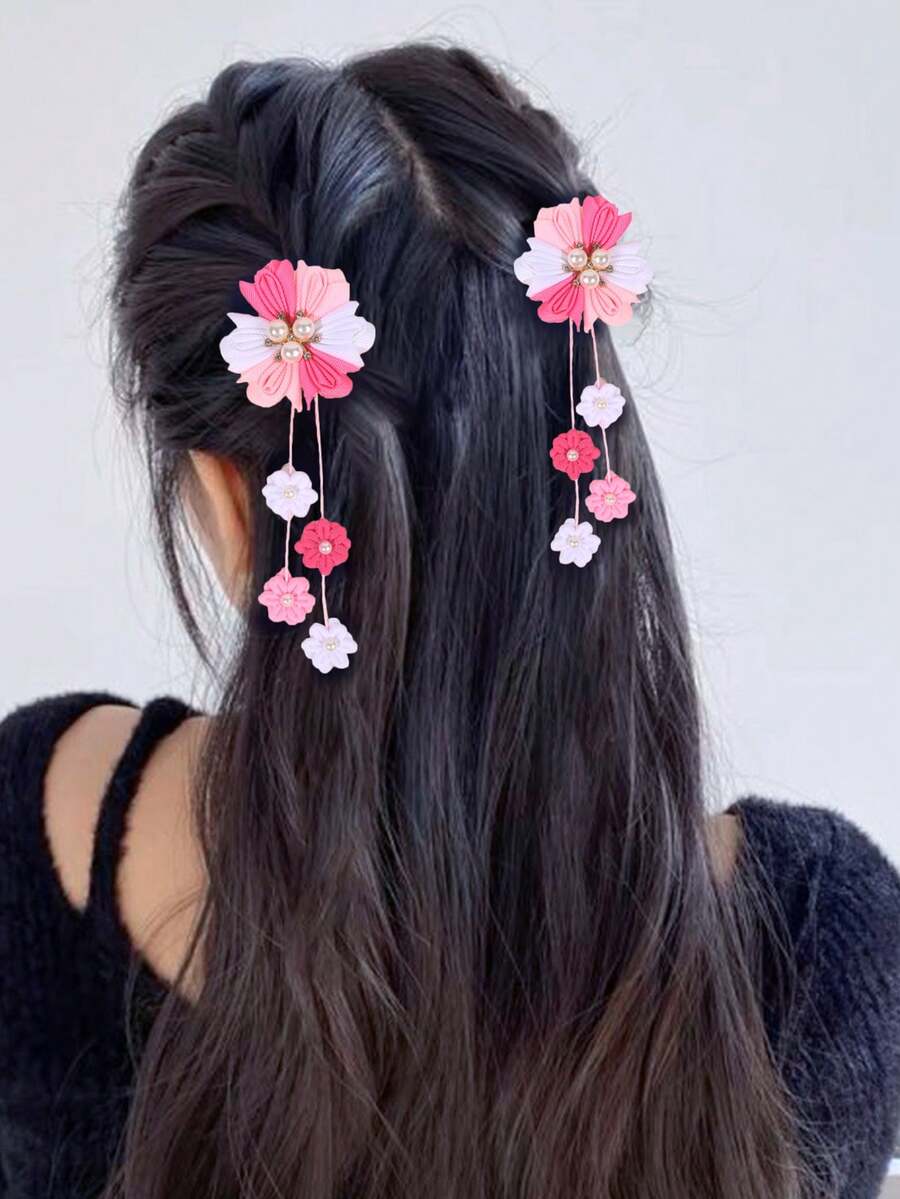 2个装花朵流苏发夹，粉白罗缎丝带花朵鳄鱼夹，饰有人造珍珠流苏，人造珍珠水钻花朵发卡，优雅花朵流苏发夹，女士时尚发饰，爪夹，发爪，发夹，派对，头部配饰，发卡 - 彩色 - 查看 1