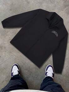 印花男士夹克，休闲翻领定位印花时尚拉链长袖黑色外套，春秋季轻便 - 黑色 - 查看 2