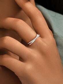 1 件镶钻双交叉戒指女士 S925 纯银镀白金戒指情人节精美女士珠宝日常佩戴礼物 - 兩層交叉戒指 - 查看 4