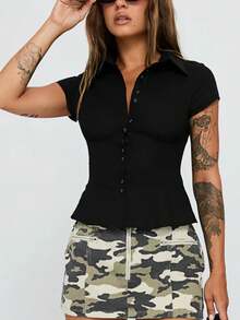 Women's Y2K Plaid Shirt Button-Up Short Sleeve Collared Slim Fit Casual Summer Blouse Tops - màu đen - Xem 3