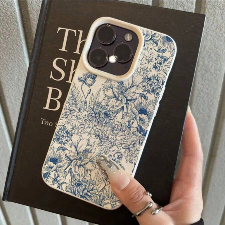 1个TPU材质蓝色优雅线条花卉图案手机壳，适用于手机 - 白色 - 查看 1