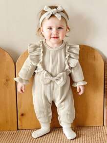 Conjunto de 2 peças de macacão para bebês meninas, macio, respirável, cor lisa, com babados e laço, fofo e charmoso