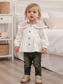 Toddler Girls Fall Jacket With Bunny Ears Long Sleeve Doll Collar Button Down Loose Coat Baby Outwear Windbreaker - Apricot - View 2