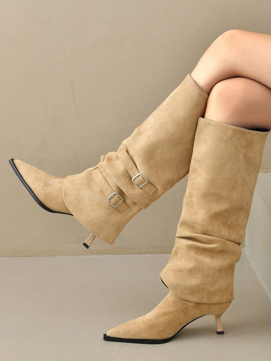 Vintage Pointed Toe Stacked Heel Boots For Women, 2025 Spring Autumn New Arrival, British Style Over-The-Knee High Shaft Wrinkle Cowboy Riding Boots - Khaki - View 1