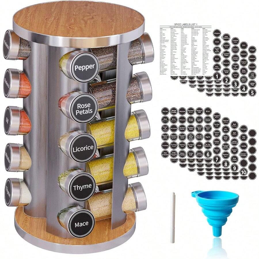JYTJK Revolving Spice Rack Set With 20 Spice Jars, Kitchen Spice Tower Organizer For Countertop Or Cabinet -- Carousel Storage Includes 386 Spice Labels -- Desktop Rotating Seasoning Organizer