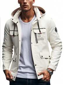 Men's Fashionable Hooded Jacket, Plaid Lining, Multi-Pocket Design, Detachable Hood, Suitable For Outdoor Activities In Spring And Autumn - Beige - View 3