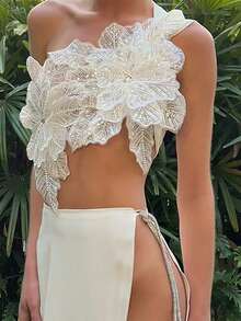 Women's 3D Flower Gorgeous Sequin Decor One Shoulder Sleeveless Bandeau Top Slim Fit Going Out Party Camisole - 白色 - 查看 2