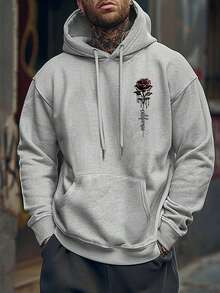 男士必备！新款秋冬街头风灰色玫瑰印花简约连帽卫衣，长袖上衣 - 灰色 - 查看 5