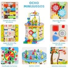 Cubo de actividades de madera, 8 en 1 juguetes para niños y niñas mayores de 1 año, juguetes educativos de aprendizaje para niños de 1 y 2 años, multiusos ABC-123 Ábaco, laberinto de cuentas, clasificador de formas - Multicolor - Ver 8