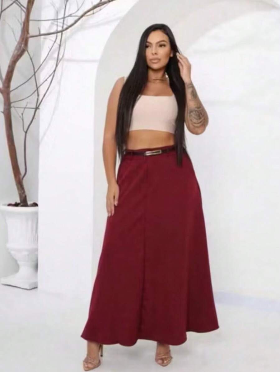 Women's Long Round Skirt Tailored Oxford Fashion Evangelical Casual Basic Winter High Waist Elegant - 酒紅色 - 查看 1