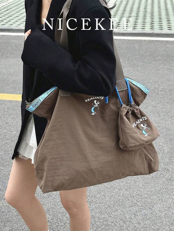 Casual, Lightweight And Versatile Large-Capacity Tote Bag, Fashionable And Cute Puppy Embroidered Simple Shoulder Bag, High-Value Cartoon Contrast Color Thin-Edge Underarm Bag, Equipped With A Small Bag In The Same Color, Suitable For Daily Commuting, School And Travel