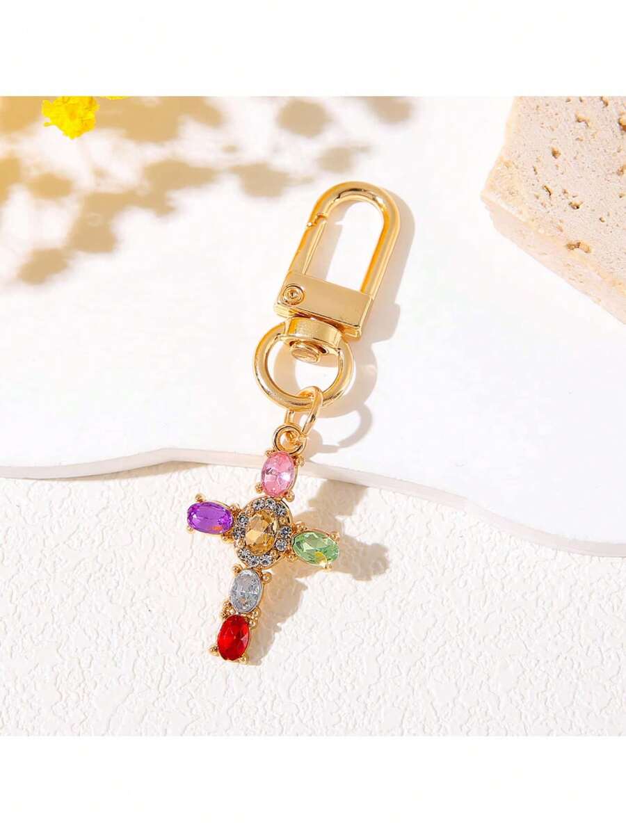 优雅铜十字钥匙扣，镶嵌微镶锆石，男女通用包袋/汽车配件，汽车配件，可爱哥特风，Y2K - 彩色 - 查看 1