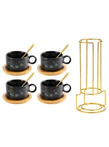 4pcs/Set Ceramic Marble Coffee Cup Set With Gold Stand, Including 4 Cups, 4 Saucers, 4 Spoons, Available In Turquoise Flower Design, 180ml Cappuccino/Latte Cups With Marble Pattern In Black Or White, Handled Espresso Cups
