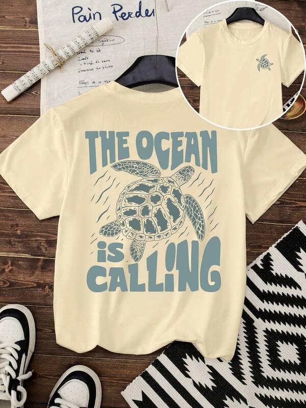 Camiseta feminina casual para o dia a dia, férias, verão, tartaruga, estampa gráfica dupla face, gola redonda, manga curta, camiseta feminina de verão, camiseta gráfica