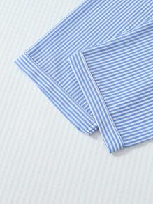 2pcs Women Blue & White Striped Print Pajama Set, Long Sleeve Button Collar Top And Pants, Casual Sleepwear Homewear Suit For Autumn/Winter, Fall Clothes