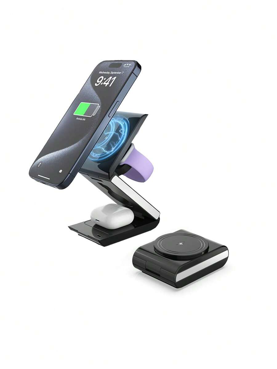 无线充电器，磁性无线充电器支架，无线 Mag-Fast 充电站，兼容 16 15 14 13 12 Pro Max Plus、Watch 系列和 Air Pods 4 3 2 Pro 无线充电站（白色/黑色）适用于办公室、宿舍和家用手机充电器