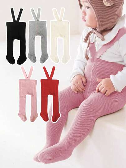 Children's Solid Color Elastic Knit Leggings With Suspenders, Snug Fit Pants, Suitable For All Seasons, Hand Wash Only