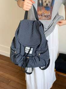 Large Capacity Fashionable Plaid Multi-Pocket Nylon Casual Backpack, Waterproof Lightweight Foldable Drawstring Patch Letter Travel Bag, Summer