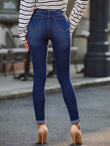 Women's Ripped Stretch Skinny Jeans - Dark Wash - View 5