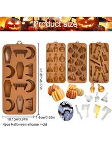 一套 4 个万圣节耐热硅胶模具，包括南瓜瓶和主题形状；这些模具柔软且易于拆卸；适用于塑造南瓜、瓶子、斧头、月亮、棺材、刀子等；非常适合万圣节烘焙、万圣节食品模具和万圣节派对用品。 - 彩色 - 查看 6