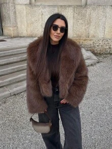 SHIBASHAN Winter Fashion Cropped Faux Fur Jacket Turn-Down Collar Long Sleeve Plush Warm Coat