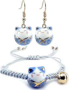 Omky Pulsera Ajustable Gatito de la Suerte| Varios Colores| Maneki Neko.| Gato de cerámica grande - NegroRosaVerde - Ver 14