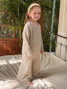 DAZY Young Girl Solid Color Sweater And Pants Set, Casual, Autumn/Winter - Khaki - View 2
