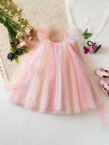 Girl's Stars Printed Mesh Dress Elegant Princess Girl Casaul Rainbow Tulle Dresses Suitable For Holiday, Party, Birthday, Vacation, Summer - 粉色 - 查看 2