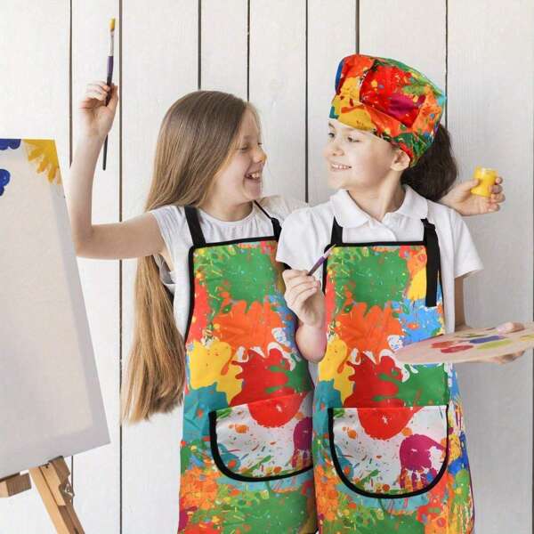1pc Fashion Creative Graffiti Multicolor Apron With Adjustable Neck Strap, Great For Cooking And Painting, Convenient Pocket Design, Work Apron, Party Apron, Cooking Apron For Arts, Crafts, Cooking, Kitchen, Restaurant, Party, Valentine's Day Gift, Painting Costume