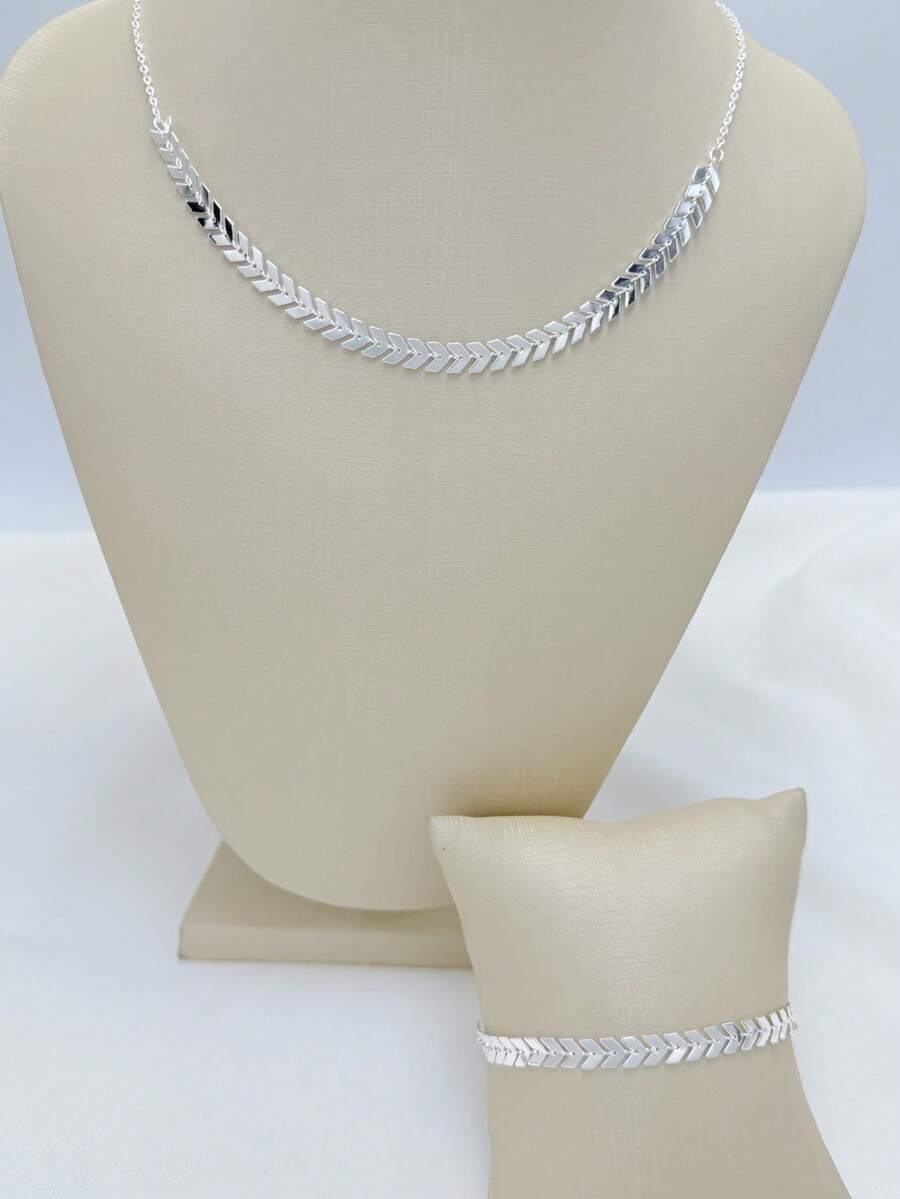Women's Fish Scale Necklace And Bracelet Set In 18k Gold And 925 Silver. - Silver - View 1