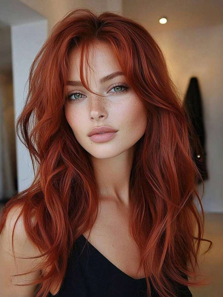 Red Brown Medium Body Wave Synthetic Wig With Bangs Red Curcly Hair For Women Daily Heat Resistant Wigs(Pay Attention To How You Wear And Care For It,Due To Lighting And Angle During Photography, The Actual Product May Have Slight Color Differences Compared To The Images.)
