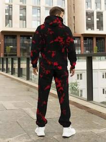 Conjunto de sudadera con capucha y pantalones con estampado de contraste negro y rojo para hombres, conjunto de sudadera con capucha y pantalones con estampado gráfico de sonrisa malvada para hombre de manga larga casual, conjunto de chándal con capucha para hombres para deportes, entrenamiento, ocio, versátil para primavera y otoño