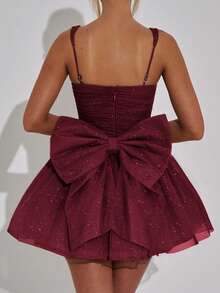 Unadoll Women's Camisole Pleated Bow Design With Sparkling Fabric Zipper Short Dress, Suitable For Dress For Wedding,Christmas , Party, Cocktail Party Dresses