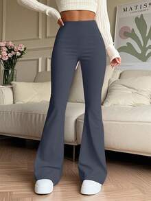 大码纯色高腰弹力喇叭裤，瑜伽紧身裤，跑步健身压缩紧身裤，透气速干运动裤，女士修身裤 - 深灰色 - 查看 4