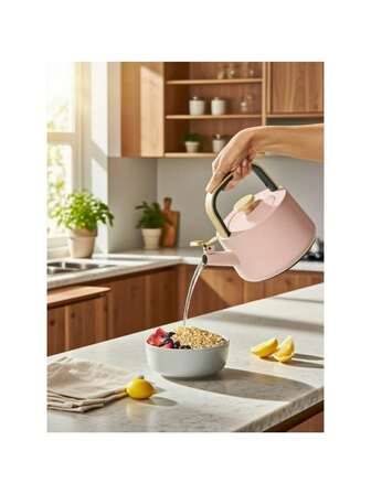 1.8 Liter Rose Colored Stainless Steel Whistling Tea Kettle - Ceramic Coated, Induction Compatible, Rapid Boil - Safety Pouring Handle For Gas