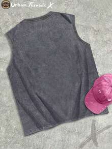 Cotton Washed Crew Neck Tank Top, Skull Art Themed Print, Vintage Washed Craft, Daily Casual Outfit - 灰色 - 查看 2