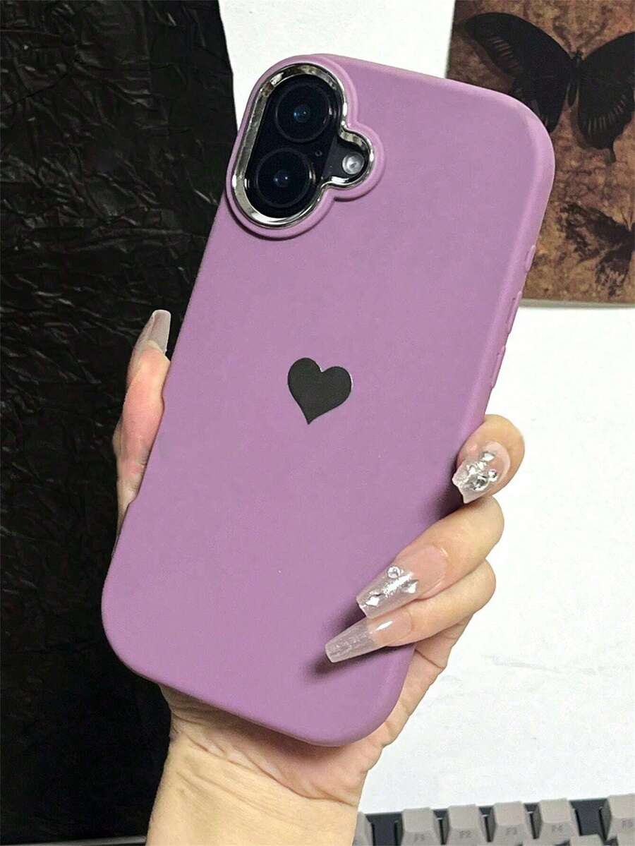 1 pieza Funda de teléfono en forma de corazón minimalista de color púrpura compatible con Apple 7 8 Plus X XR Xs Max 11 12 13 14 15 16 Pro Max, Cubierta protectora de Body completo - Morado - Ver 1