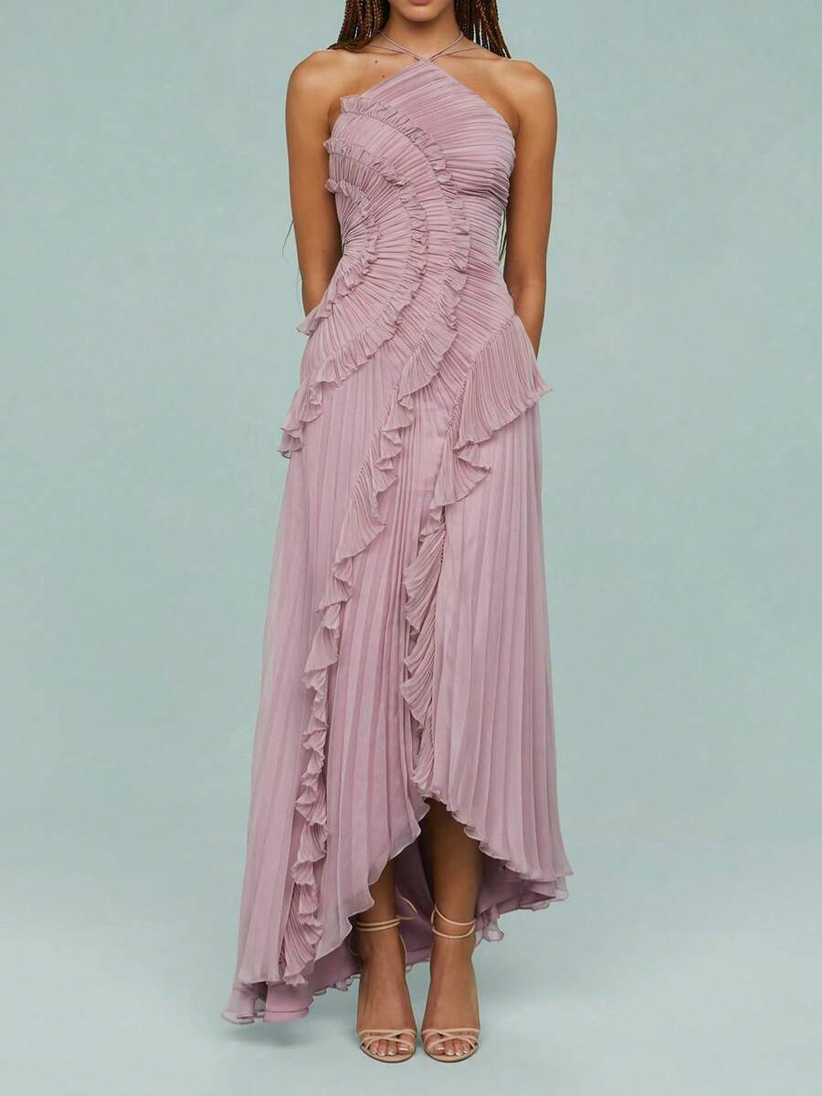 Y2k Ruffle Long Dress For Women Halter Backless Irregular Hem Ruched Boho Maxi Dress - Blush Crush - 查看 1