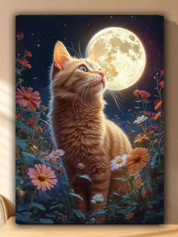 Kit de peinture de diamant 5D chat sous la lune, décoration d'intérieur en diamant rond complet, cadeau fait main