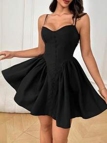 WOWDARK Women's Autumn Button Design Camisole A-Line Dress - Black - View 3