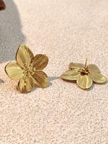 4 件时尚简约不锈钢首饰套装，镀金优雅花朵耳环，手饰，女士高端配饰，情人节礼品套装情人节，妈妈，母亲，母亲节，礼物 - 金黃色 - 查看 8