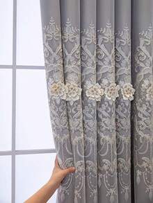 1 件奢华双层刺绣遮光窗帘，带 3D 浮雕花朵薄纱面料，现成，适用于客厅和卧室、窗户 - 灰色 - 查看 6