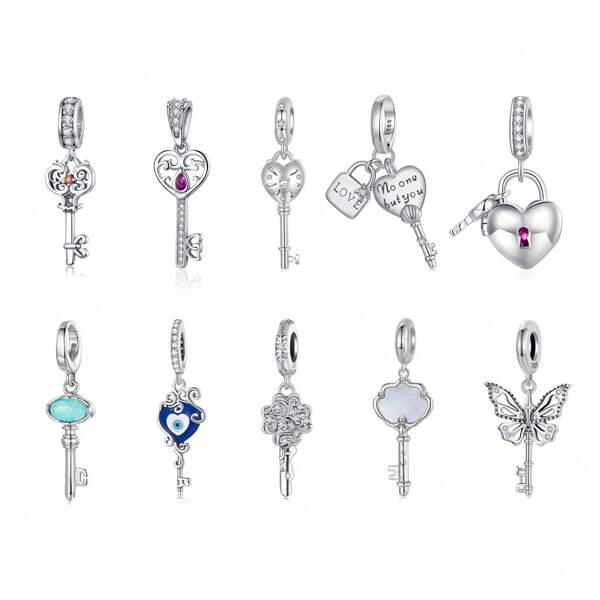 WOSTU WOSTU 1 Pc 925 Sterling Silver Lock & Key Heart Shaped Pendant Butterfly Four Leaf Clover Pendant Fit Necklace For Women DIY Fine Jewelry Accessories