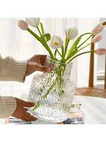 1pc Vintage Textured Glass Vase - Wide Mouth Flower Bouquet Container & Hydroponic Plant Display - Transparent Table Centerpiece For Home/Wedding Decor - Farmhouse Dining Accent, Boho Chic Shelf Styling, Rustic Wedding Reception Essential, Minimalist Living Room Decor, Water Culture Planter Home Decor Flower Vase - dày lên - Xem 10